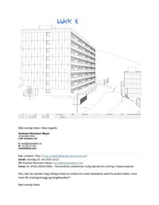 En håndtegnet eller digital tegning som viser en fasadevisning av et fleretasjes bygg (merket 'blokk E'). Tegningen illustrerer byggets utseende fra en viss vinkel.
