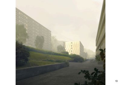 3D-visualisering av et byggeprosjekt med flere bygninger, terreng og vegetasjon i en tåkeaktig setting.