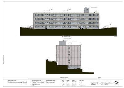 Fasadetegning som viser bygningens utseende sett fra øst og vest med høydemål og eksisterende fasade.