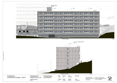 Fasadetegning som viser bygningens utseende fra nord og vest, inkludert vinduer, fasadeforhold og terreng.
