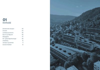 Fotografi av eksisterende bebyggelse og landskap (flere leilighetsbygg på en skråning) sett fra et høyt utsynspunkt.