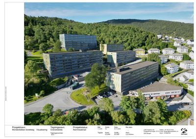 Fotografi av et boligfelt (Münsterbekken borettslag) sett fra lufta, inkludert omgivelsene.