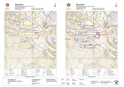 Basiskart som viser eksisterende og omsøkt situasjon med bygningers plassering, vegnett og terrengforhold.