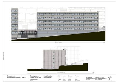 Fasadetegning som viser bygningens utseende fra nord og vest.
