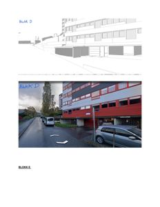 Fotografi av en eksisterende bygning (Blokk D) sett fra gaten, med bil og busser i forgrunnen.