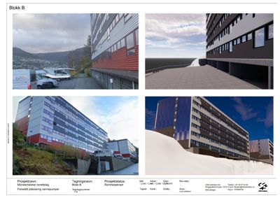 Fotografier av en eksisterende bygning (Münsterbekken borettslag) og en 3D-visualisering av den planlagte fasaden.