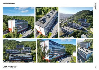 En samling av 6 fotografier som viser eksisterende situasjon av et boligfelt med flere leilighetsbygg.