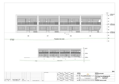 Fasadetegning som viser bygningens utseende fra vest, med oppriss av vinduer, balkonger og høydeangivelser.