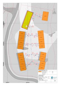 Situasjonsplan som viser tomtene, bygningers plassering, vannledningsnett og høydemålinger.
