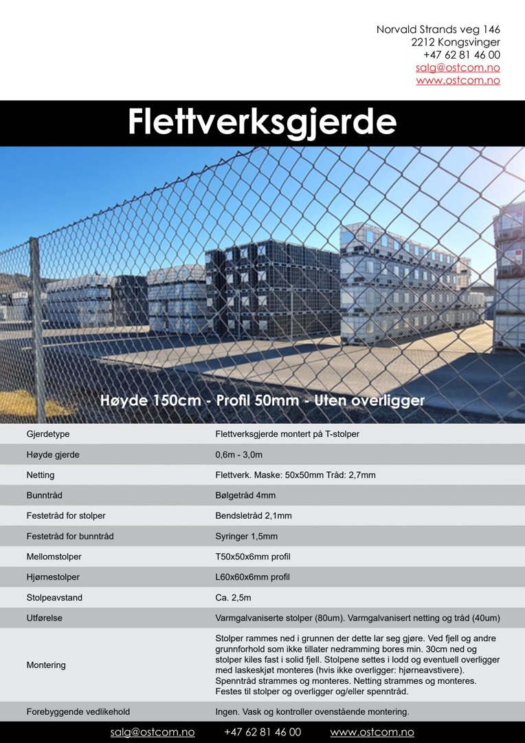 Fotografi av flettverksgjerde med informasjonstekst om høyde, profil og montering.