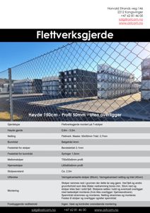 Fotografi av flettverksgjerde med informasjonstekst om høyde, profil og montering.
