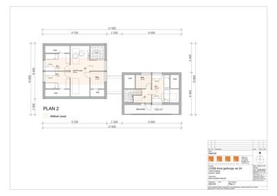 Etasjeplan (PLAN 2) som viser romfordeling, mål og areal for et hus.