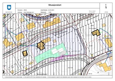 Situasjonskart som viser eiendomsnummer, adresse, naboeiendommer, vegnett og arealbruk.