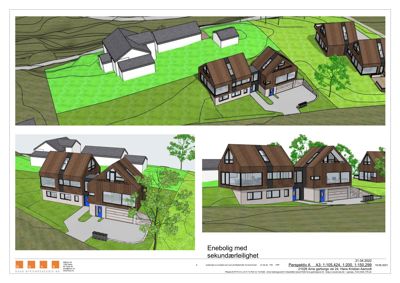 3D-visualiseringer (renderinger) av en boligprosjekt med omgivende landskap og nabohus.