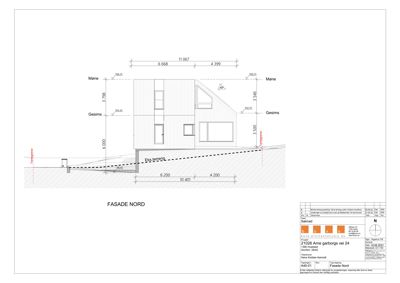 Fasadetegning av bygning sett fra nord med mål og høydeangivelser