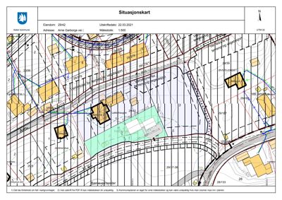 Situasjonskart som viser eiendomsnummer, adresse, naboeiendommer, vegnett og arealbruk.