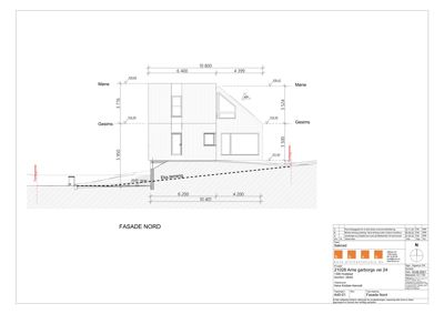 Fasade tegning av bygning sett fra nord med mål og høydemål.