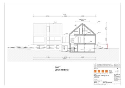 Snittegning av en sekundærbolig med mål og høydeangivelser