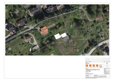 Flyfoto med inntegnet prosjekt (situasjonsplan)