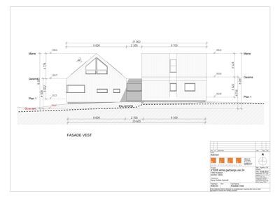 Fasadetegning av bygning sett fra vest, med mål og høydeangivelser.