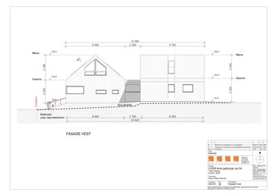 Fasadetegning av bygning sett fra vest med mål og høydeangivelser