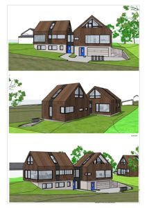 Tre 3D-visualiseringer (renderinger) av et planlagt hus sett fra ulike vinkler.