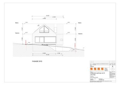Fasadetegning av bygning sett fra sør med mål og høydeangivelser