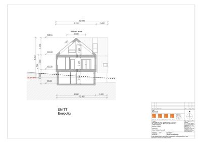 Snittegning av enebolig med mål og høydeangivelser