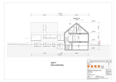 Snittegning av en bolig som viser romfordeling, høyder og konstruksjon.