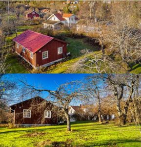 To fotografier av en rød hytte sett fra ulike vinkler, med omgivende natur og nabolag.