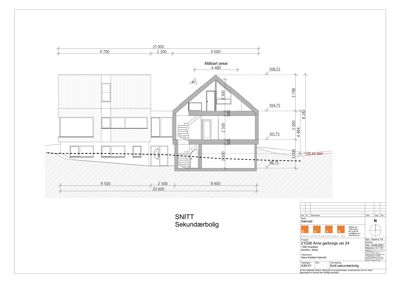 Snittegning av en sekundærbolig med mål og konstruksjonsdetaljer