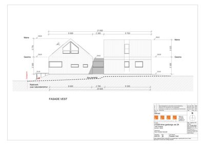 Fasadetegning av bygning sett fra vest med mål og høydeangivelser