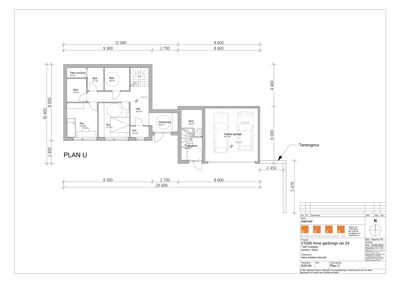 Etasjeplan (PLAN U) som viser romfordeling, mål og funksjoner i et hus med garasje.