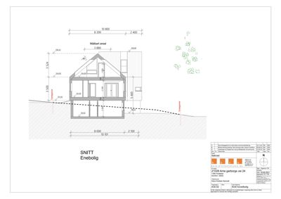 Snittegning av enebolig med mål og høydemålinger