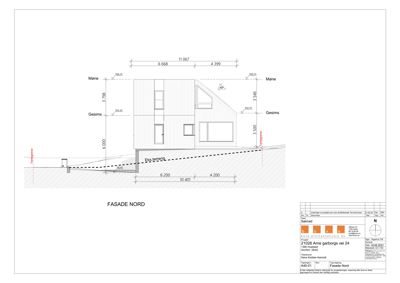 Fasadetegning av bygning sett fra nord med mål og høydeangivelser