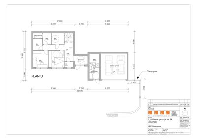 Etasjeplan (PLAN U) som viser romfordeling, mål og funksjoner i en bolig og garasje.