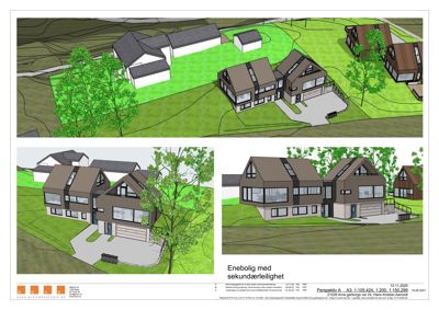 3D-visualisering av en bolig med sekundærleilighet og tilhørende bebyggelse på tomten.