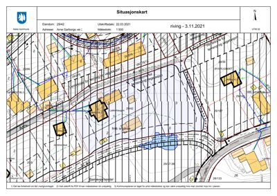 Situasjonskart som viser eiendomsnummer, bygninger, vegnett og vernesoner i området.