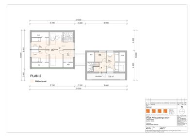 Etasjeplan (PLAN 2) som viser romfordeling, mål og areal for en bolig.