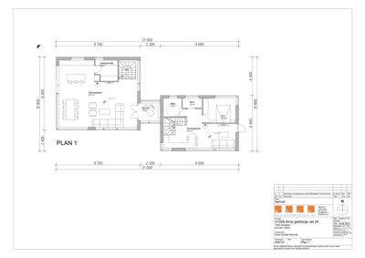 Etasjeplan (PLAN 1) som viser romfordeling, mål og innredning for en bolig.