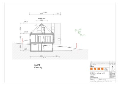 Snittegning av enebolig med mål og høydeangivelser