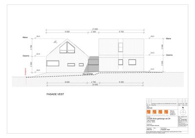 Fasadetegning av bygning sett fra vest, med mål og høydeangivelser.