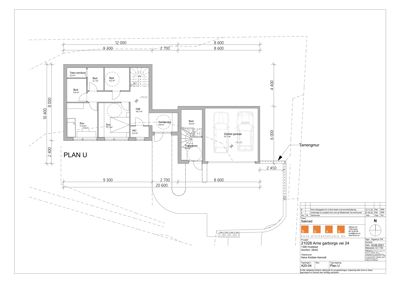 Etasjeplan (PLAN U) som viser romfordeling, mål og funksjoner i en bolig og garasje.