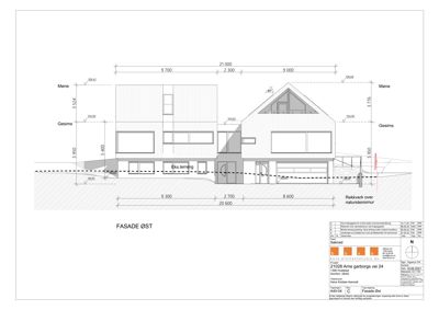 Fasade tegning av bygning sett fra øst med mål og høydeangivelser.