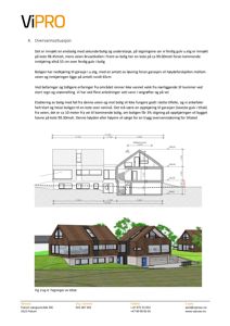 Bildet viser en snittegning av en bolig med mål og høyder, samt en 3D-visualisering (rendering) av fasaden.