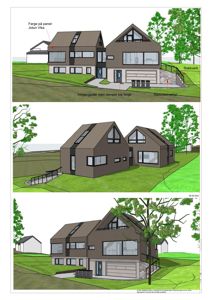3D-visualisering av en planlagt bolig med fasade og landskap.