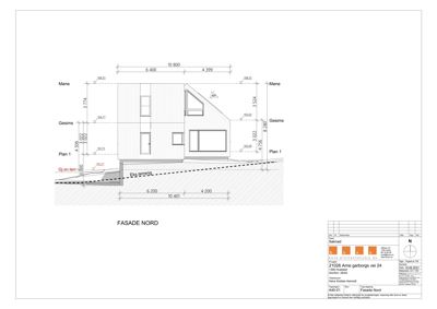 Fasadetegning av bygning sett fra nord med mål og høydeangivelser