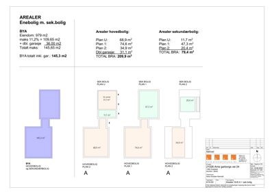 Tegning som viser arealoppsett og romfordeling for hovedbolig og sekundærbolig på ulike plan.