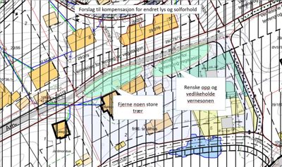 Situasjonsplan som viser tomt, naboeiendommer, vegnett, og forslag til endringer i vegetasjon og terreng.