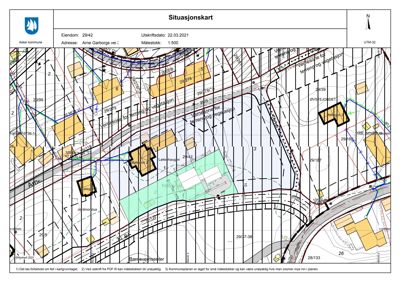 Situasjonskart som viser eiendomsnummer, adresse, naboeiendommer, vegnett og arealbruk.
